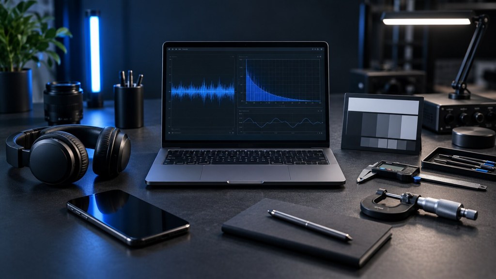 Technology review desk with generic laptop, headphones, smartphone, calibration card and precision tools