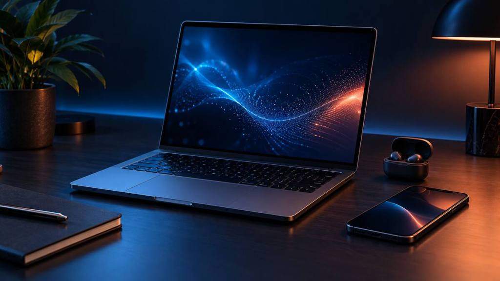 Modern laptop, smartphone and wireless earbuds illuminated by blue and orange studio light