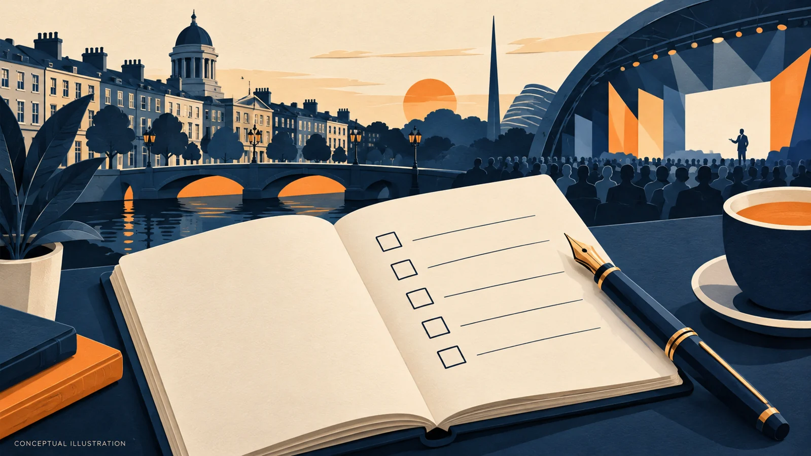 Illustrated checklist notebook in front of an imagined Dublin skyline and conference stage.