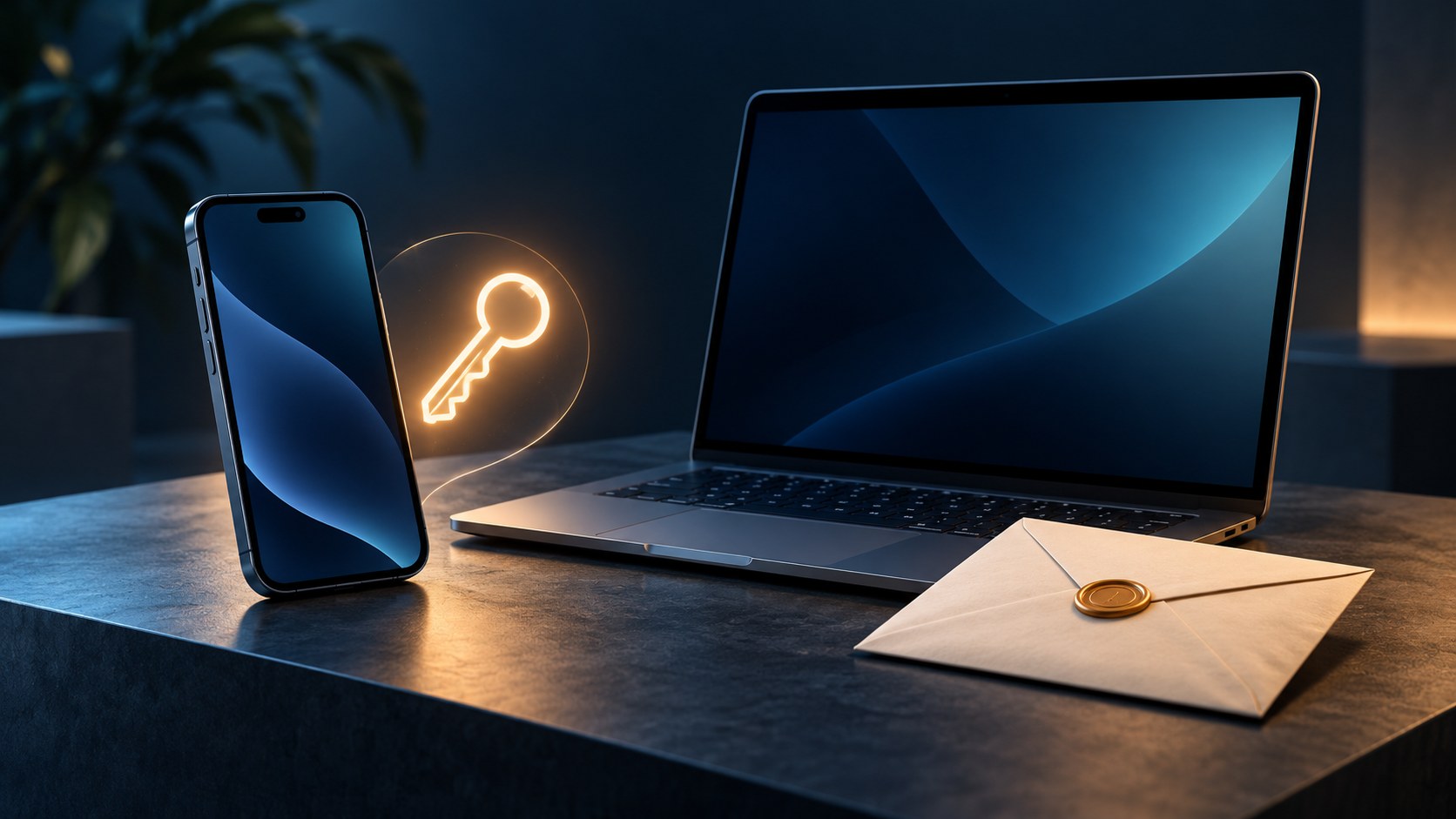 Phone and laptop beside a glowing key symbol and a sealed backup envelope on a dark desk.