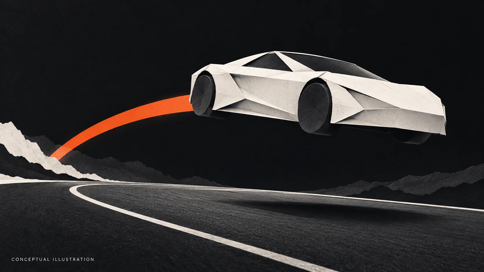 Conceptual illustration of a white paper sports car hovering above a dark road, with an orange arc.