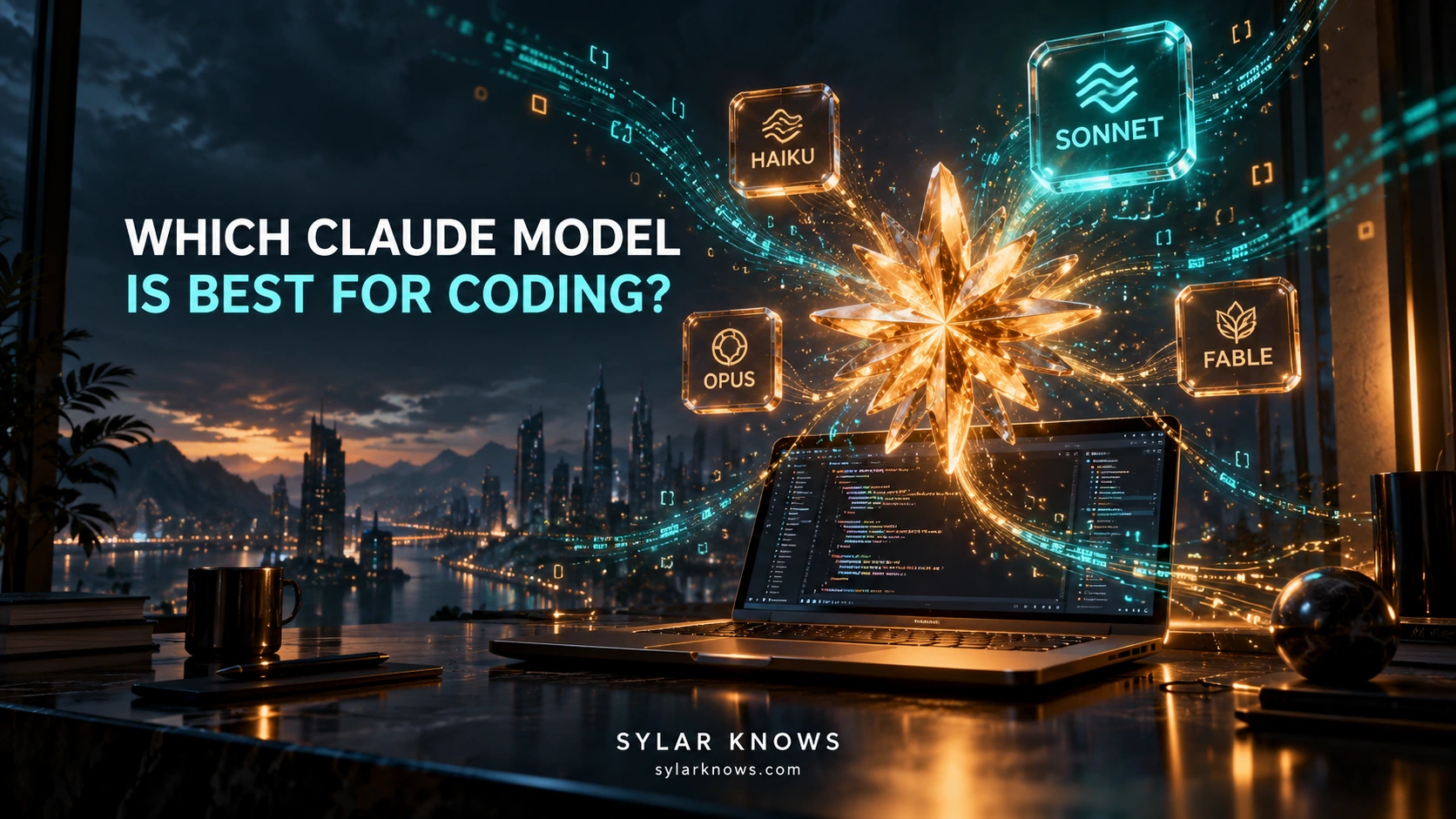 Cinematic illustration of a coding laptop and glowing AI core surrounded by Haiku, Sonnet, Opus and Fable tiles, with Sylar Knows branding.